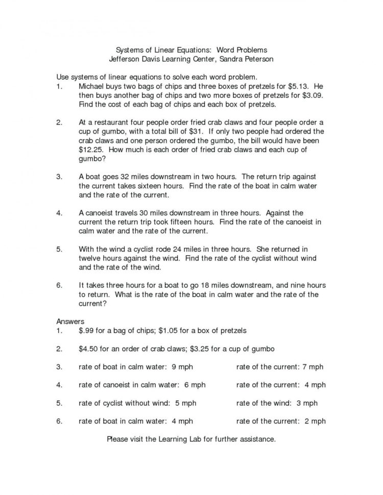 016 Printable Word Systems Of Equations Problems Calculating