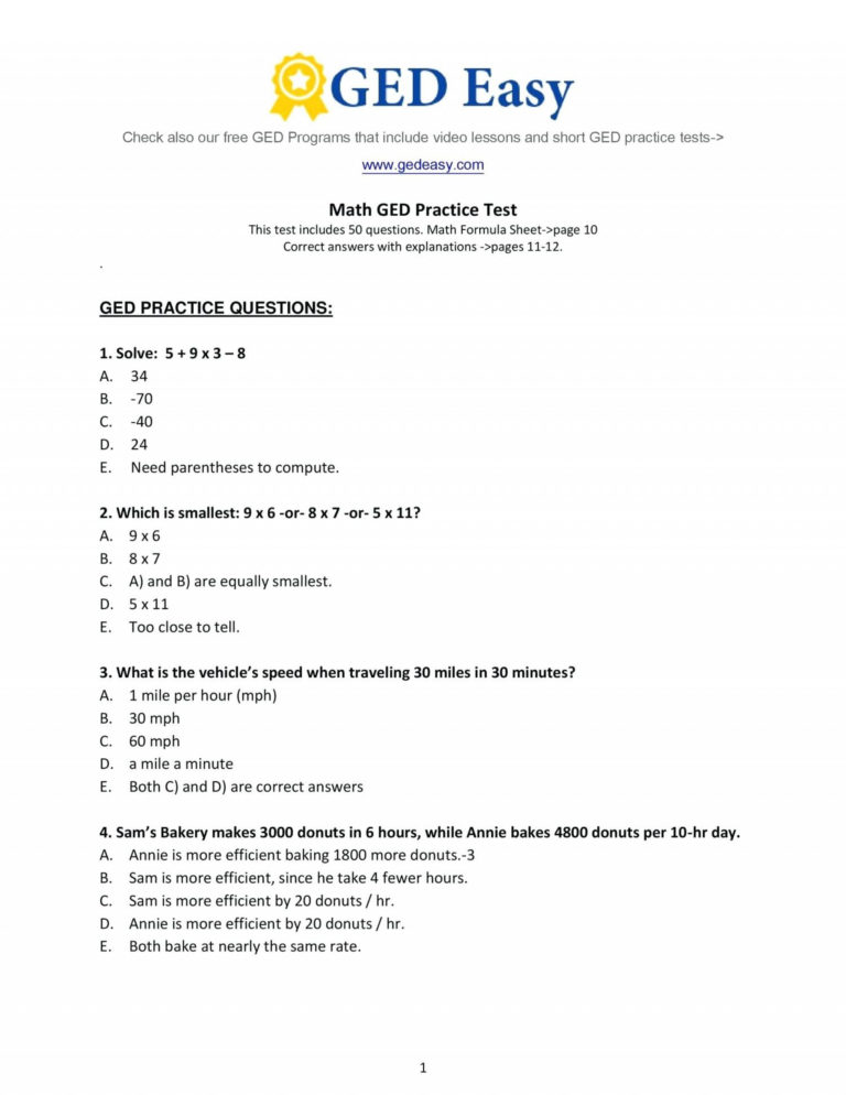Ged Math Practice Worksheet Pdf