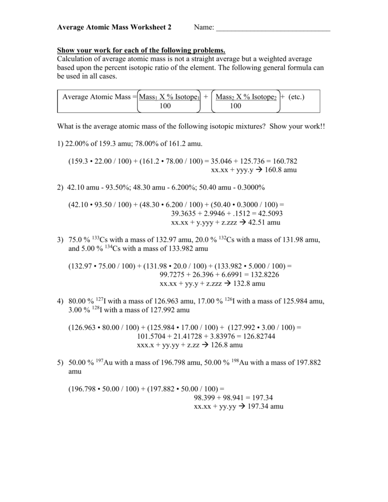 0206 Average Atomic Mass Worksheet 2