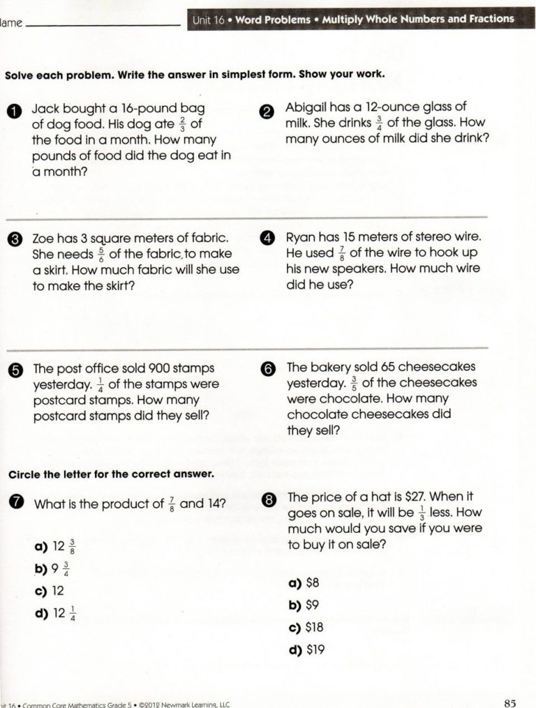 Multiply Fractions Word Problems 6th Grade