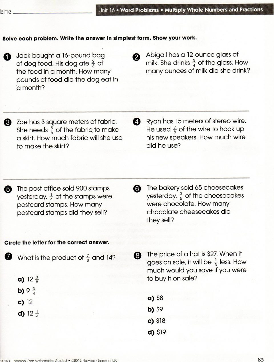 023 6Th Grade Math Fraction Word Problems Worksheets