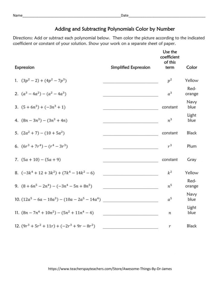 Subtracting Polynomials Worksheets