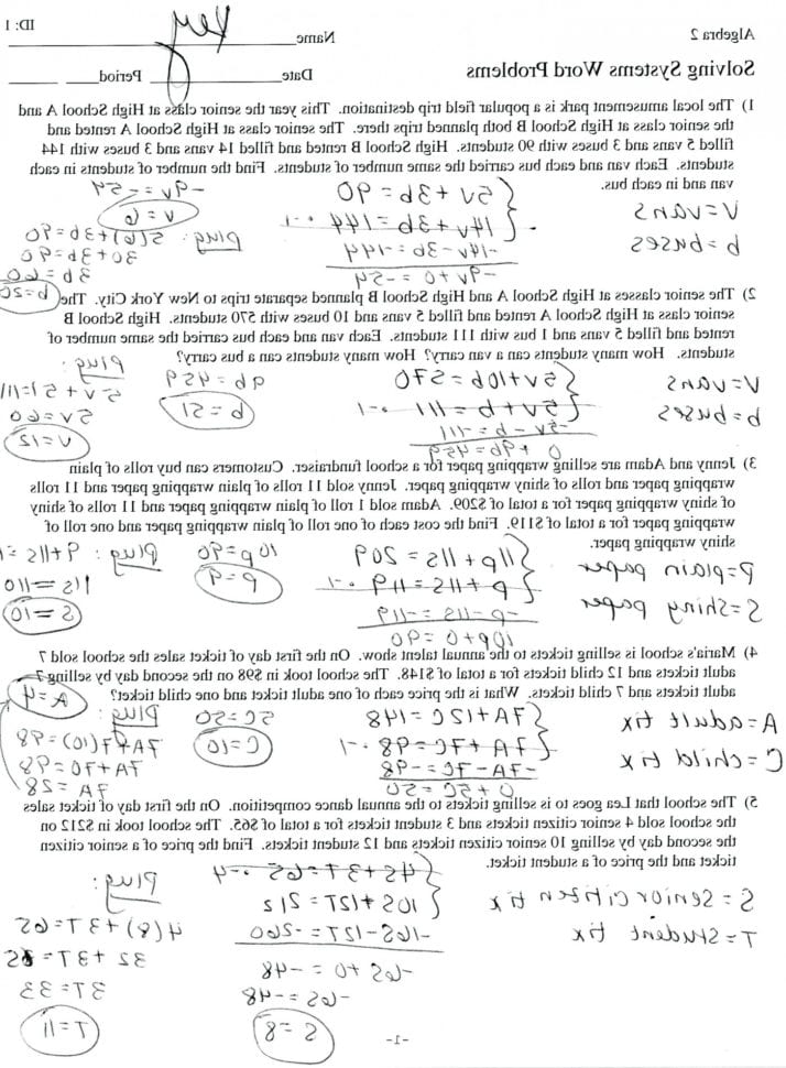 Systems Word Problems Worksheet