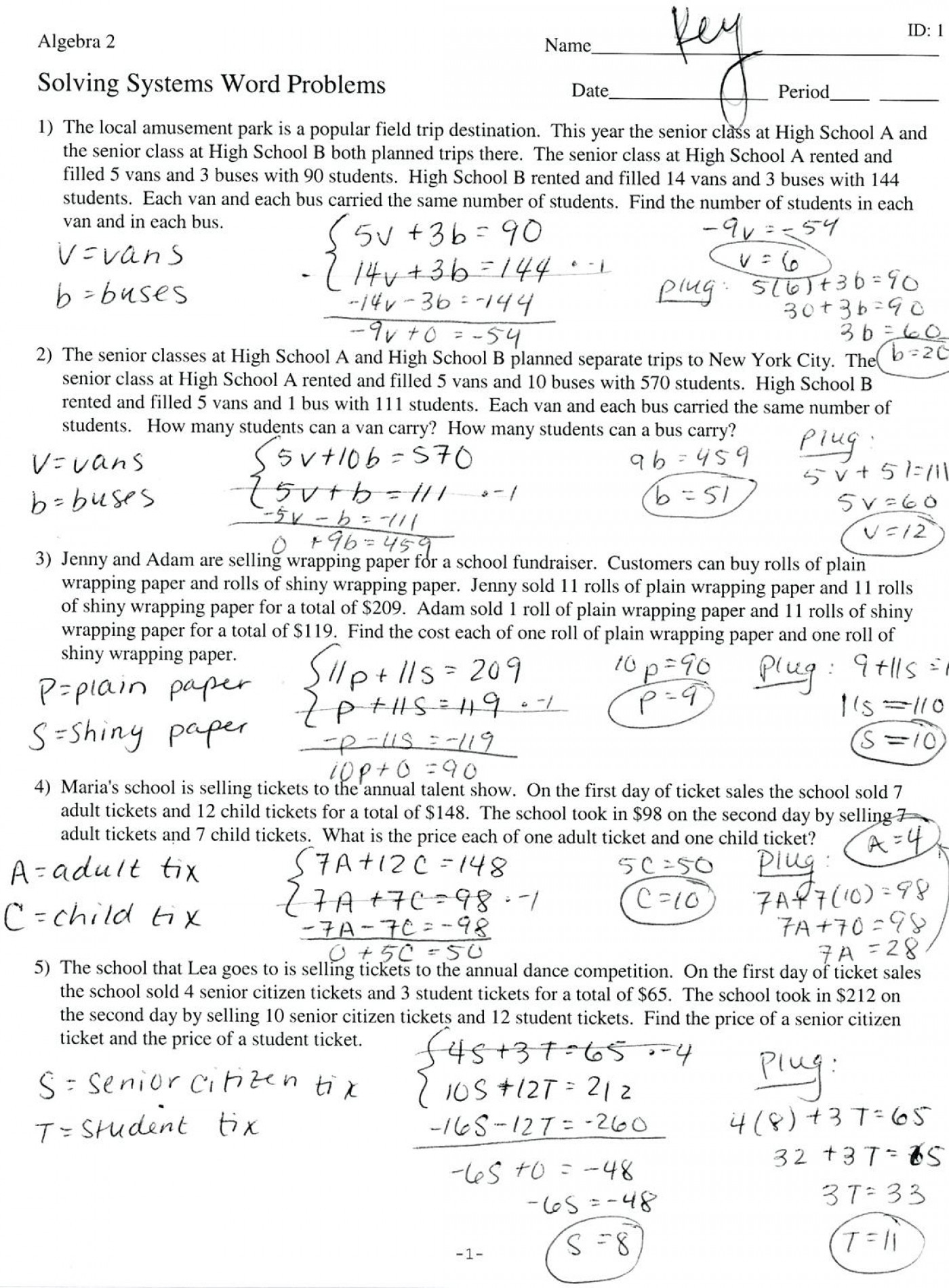 032 Systems Of Equations Word Problems Printable Solving
