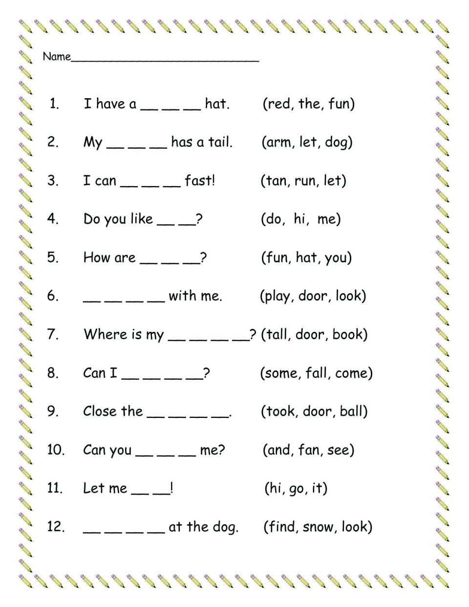 sight word kindergarten list