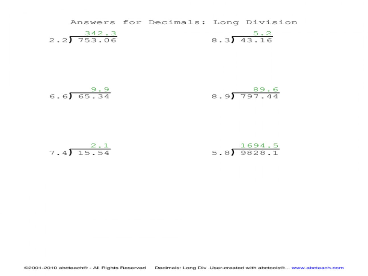 035 Dividing Decimals Activities 6Th Grade Long Division With And