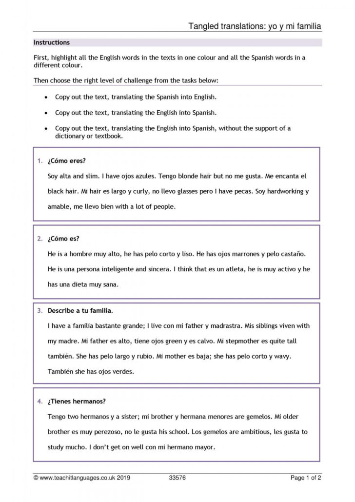 Spanish Worksheets Pdf