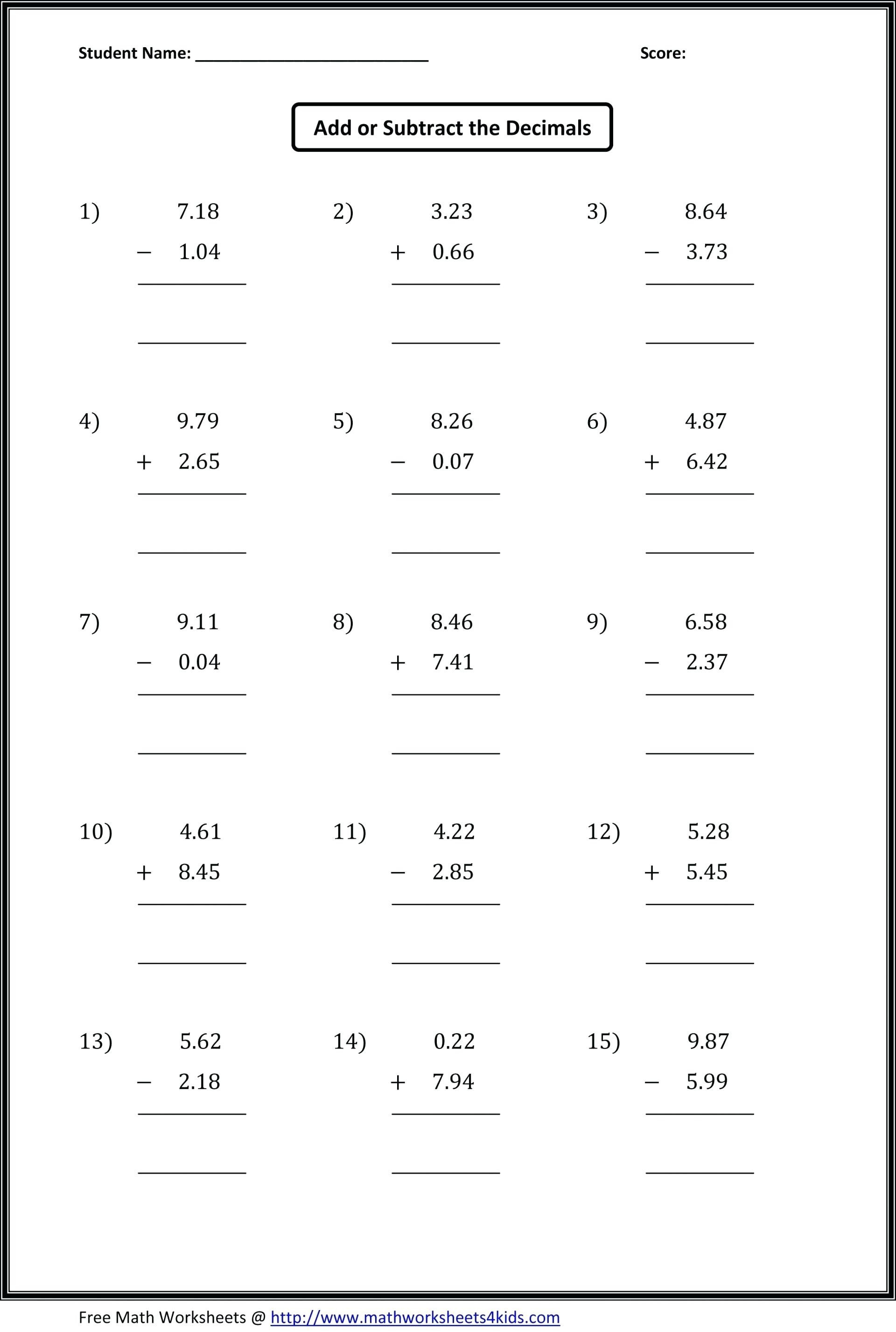 Dividing Decimal Worksheets