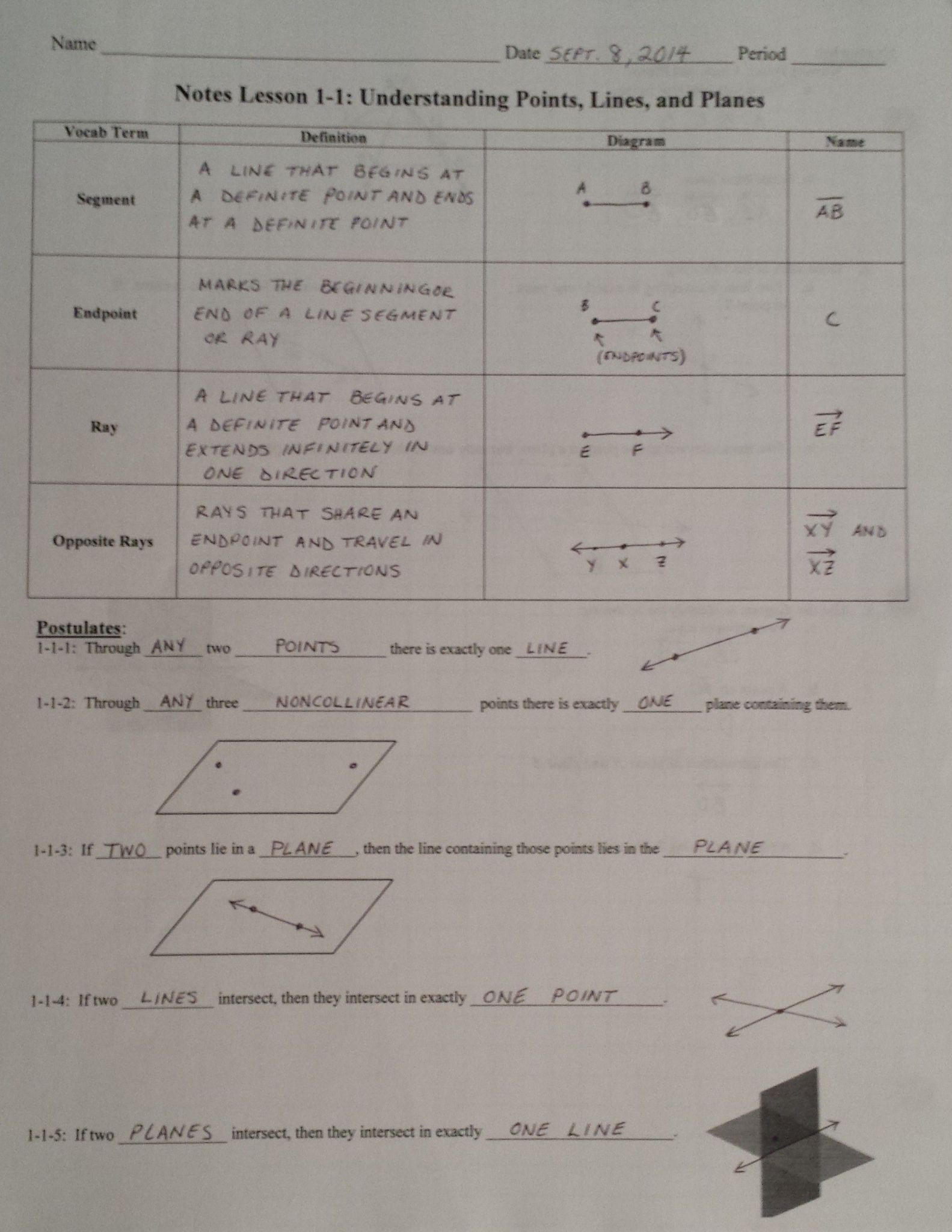 Geometry Worksheet Points Lines And Planes