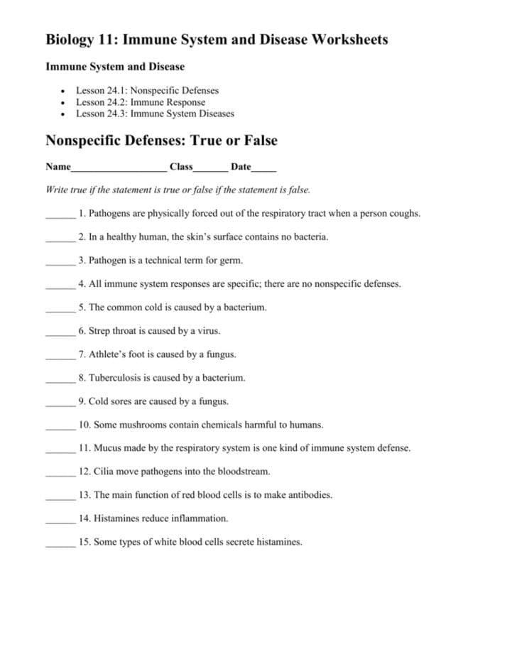 Immune System Vocabulary Worksheet Answers