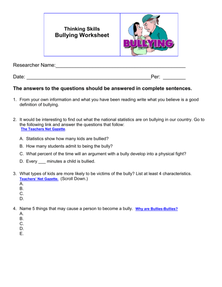 Worksheets On Bullying For Elementary Students