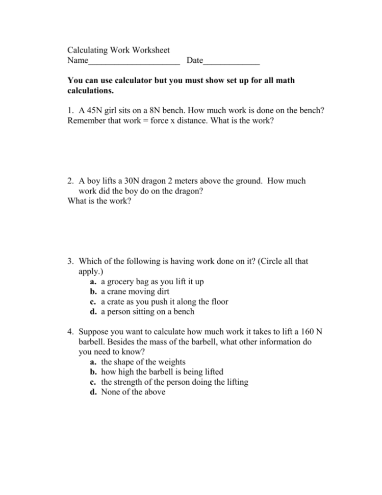 1 Calculating Work Worksheet