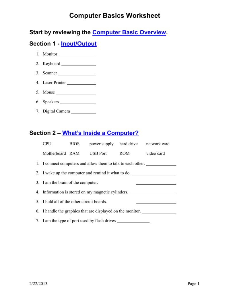 1 Computer Basics Worksheet
