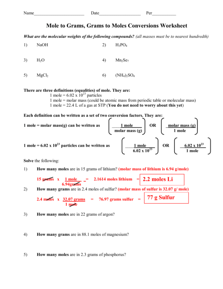 Mole To Grams Grams To Moles Conversions Worksheet Answer Key Db