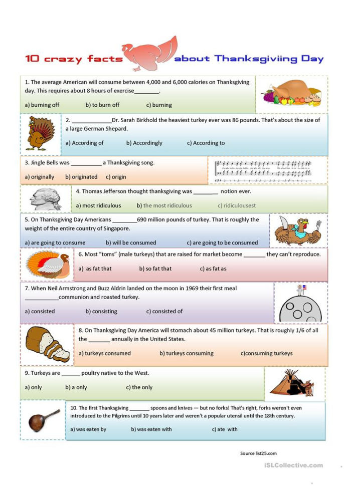 10 Crazy Facts About Thanksgiving Day  English Esl Worksheets