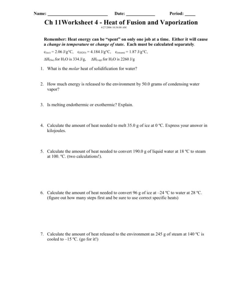 10 Heat Of Fusion And Vaporization— Worksheet 2