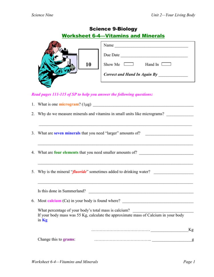 10 Science 9Biology Worksheet 64—Vitamins And Minerals