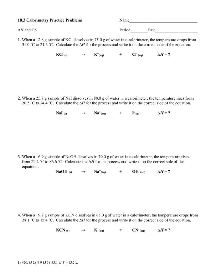 103 Calorimetry Practice Problems
