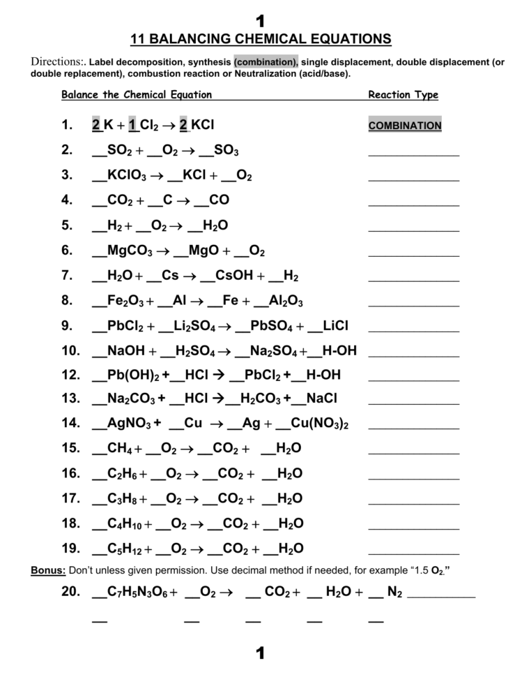 Chemical Equations And Reactions Worksheet — db-excel.com