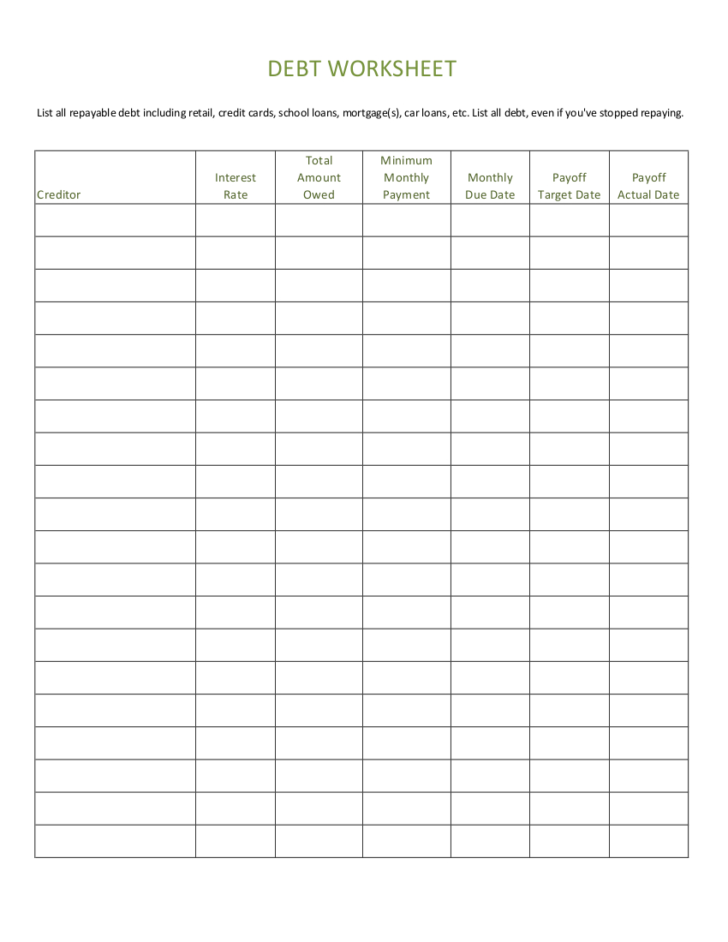 Free Debt Worksheet Downloads