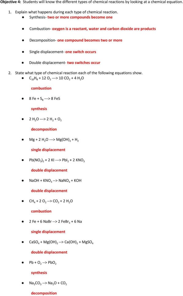 111 Describing Chemical Reactions Worksheet Answers Pearson