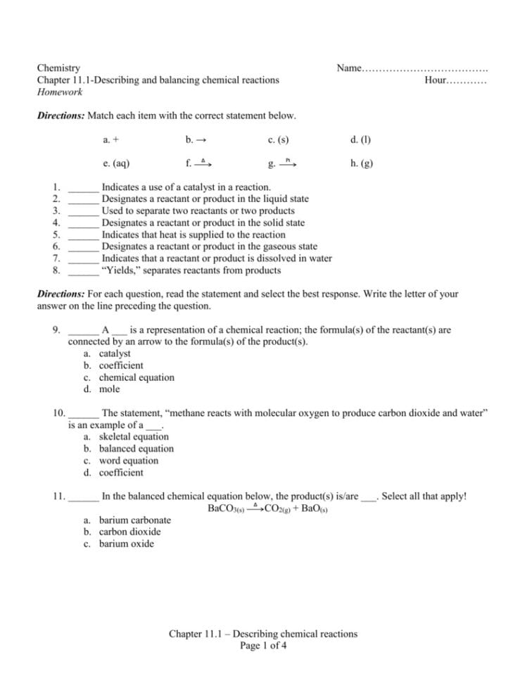 111 Describing Chemical Reactions Worksheet Answers Pearson