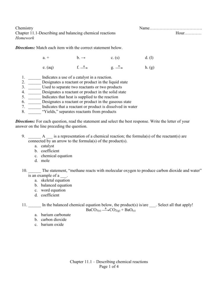 111 Describing Chemical Reactions Worksheet Answers Pearson