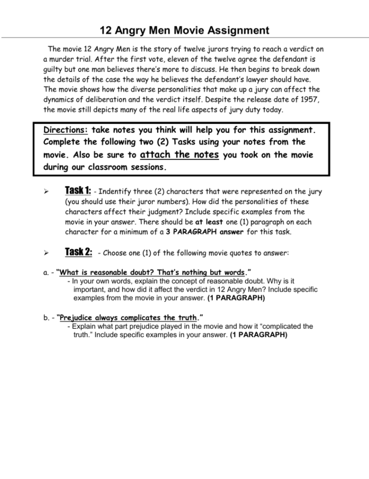 12 Angry Men Movie Assignment