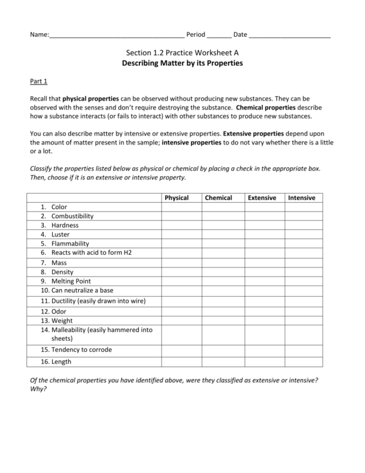 12 Practice Wkst A Describing Matterits Properties