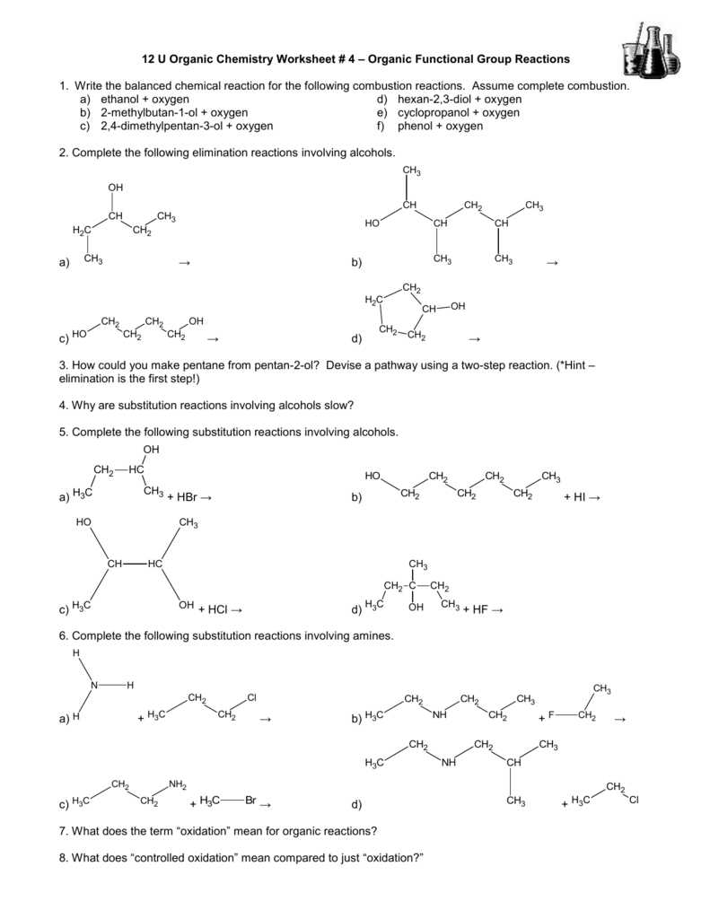 12 U Organic Chemistry Worksheet  4 – Organic Functional Group