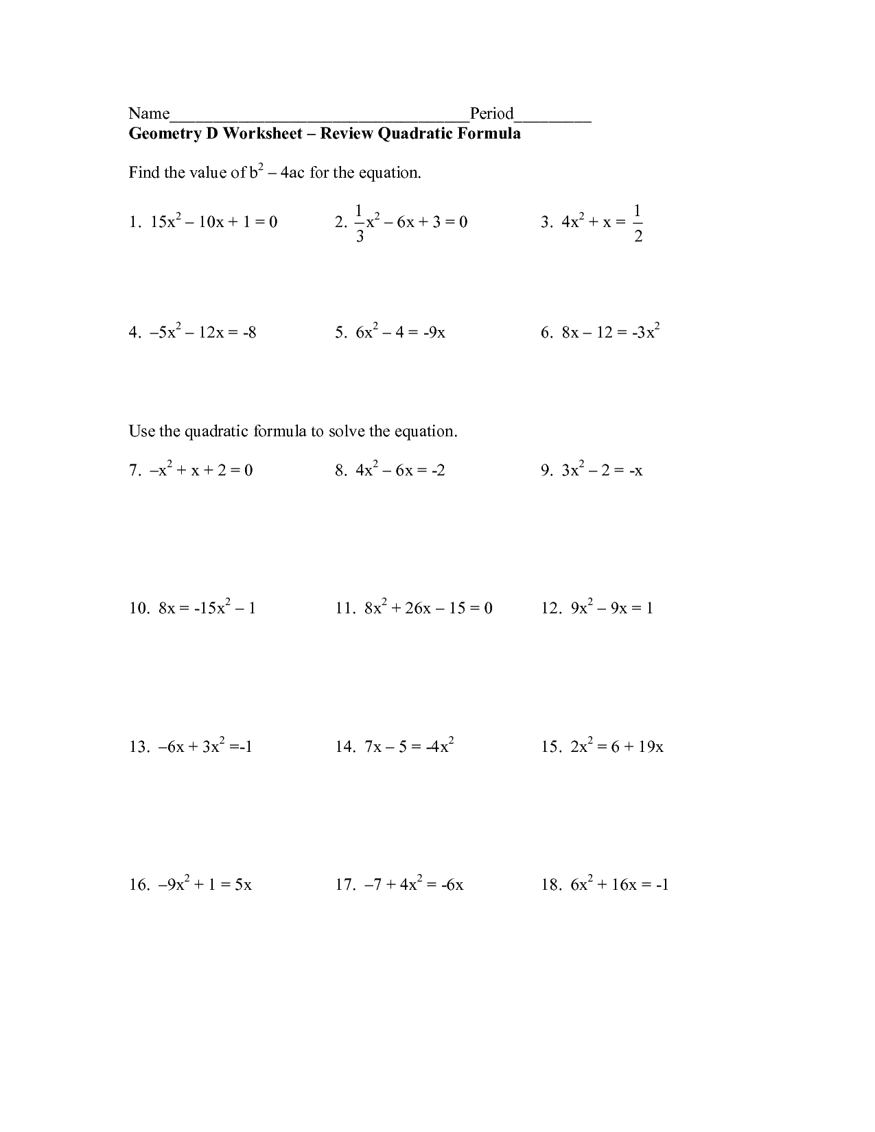 Quadratic Equation Worksheet With Answers | db-excel.com