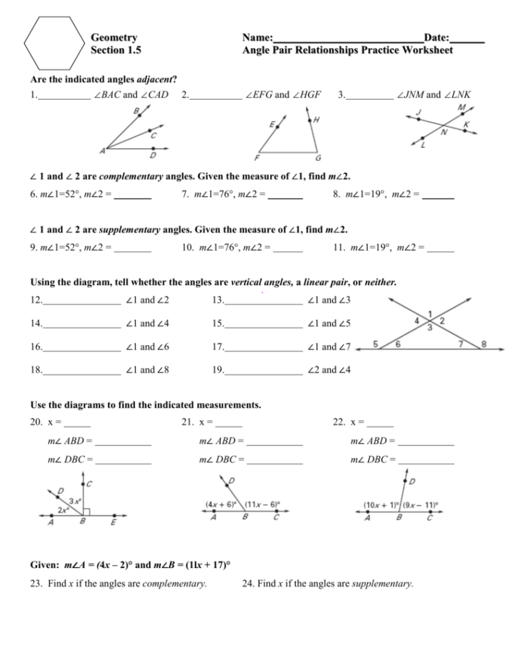 15 Angle Pair Relationships Practice Worksheet Day 1Jnt