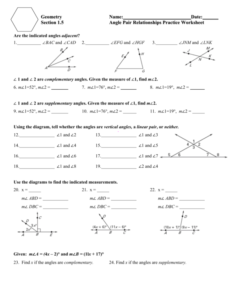 Angle Pair Relationships Worksheet