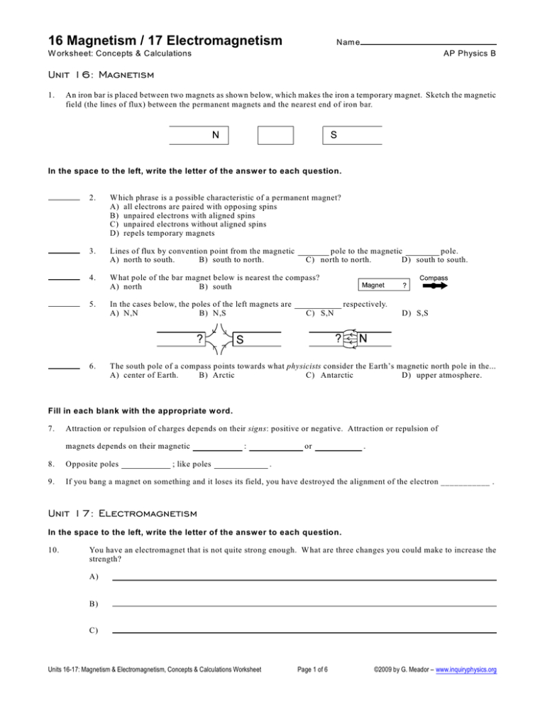 physics worksheet lesson 20 magnetism answers
