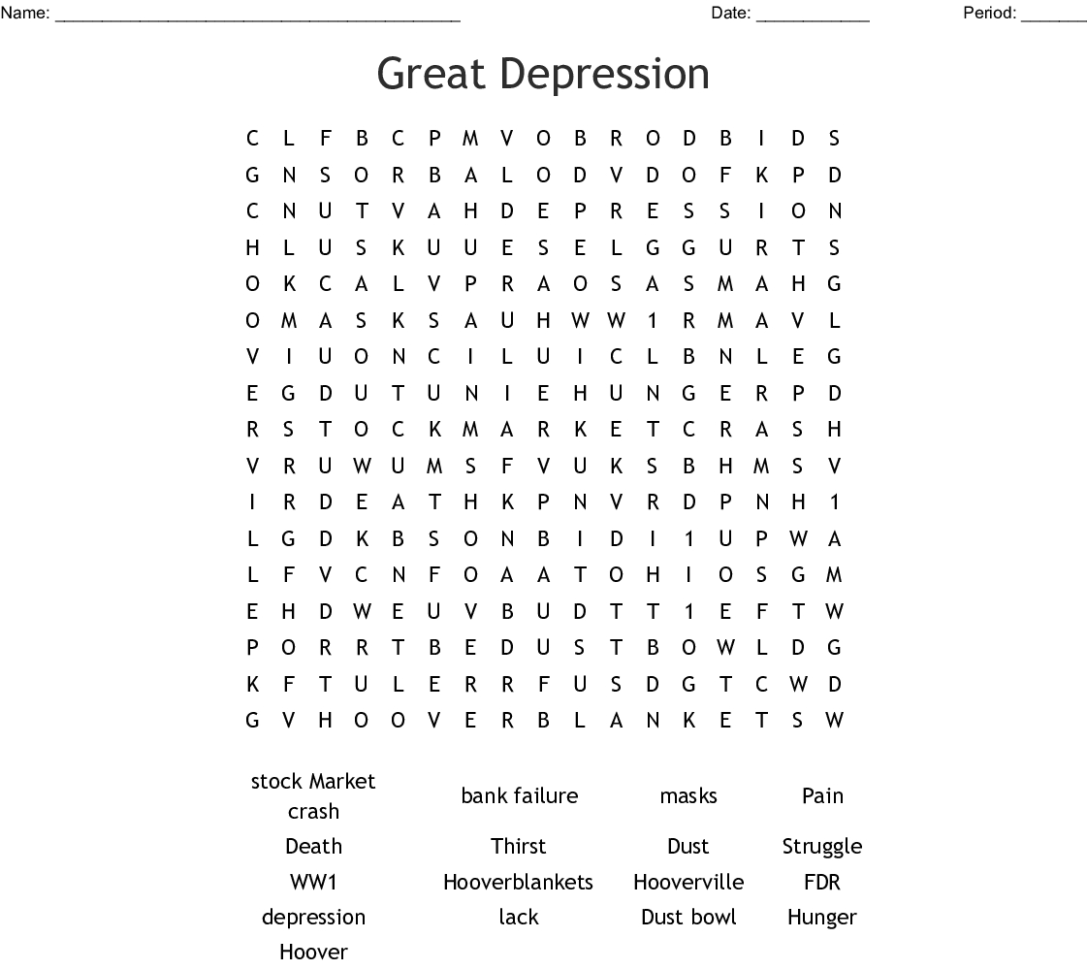 1920s Great Depression Word Search