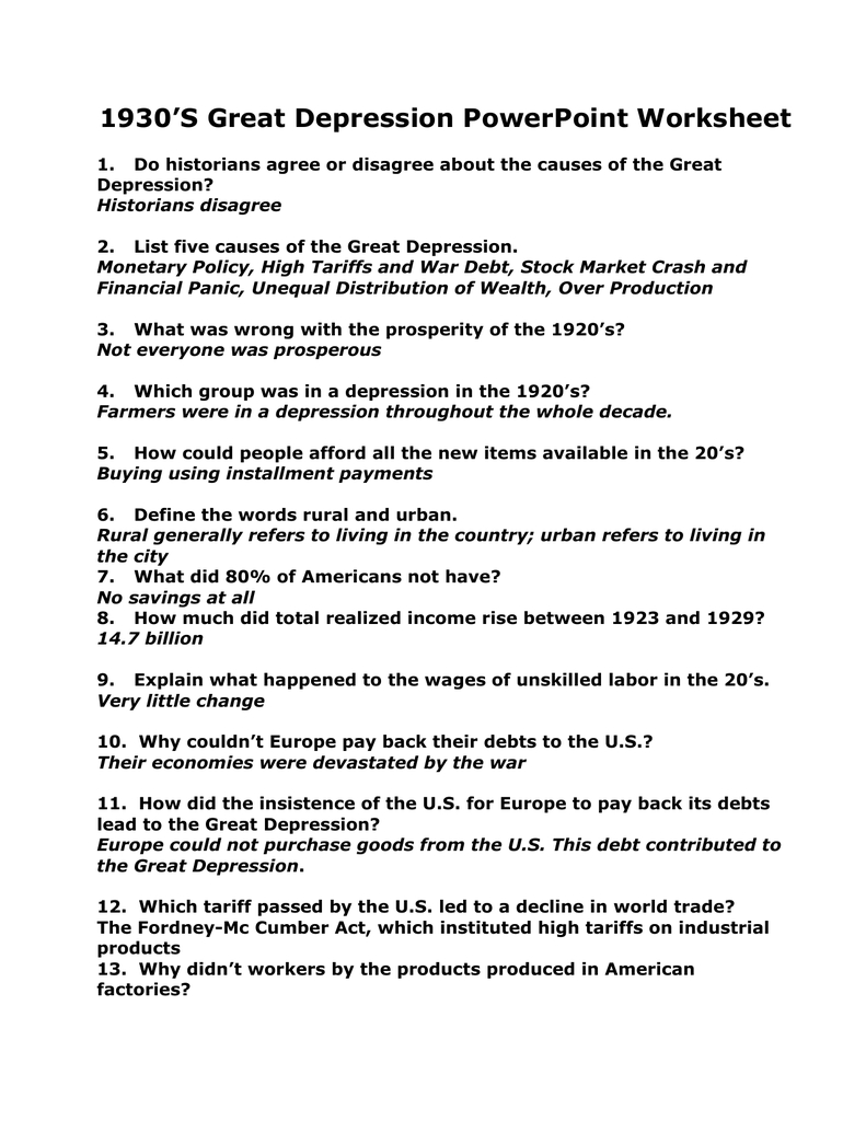 1930's Great Depression Powerpoint Worksheet