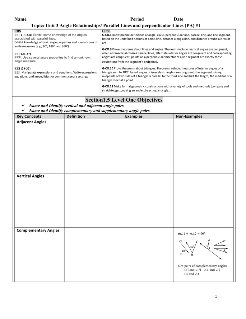 1Pg 42 1116 2 Angle Pair Relationships Practice Worksheet 1