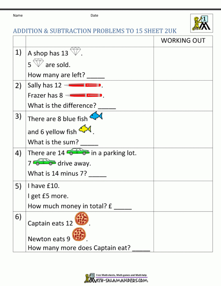 1St Grade Addition And Subtraction Word Problems