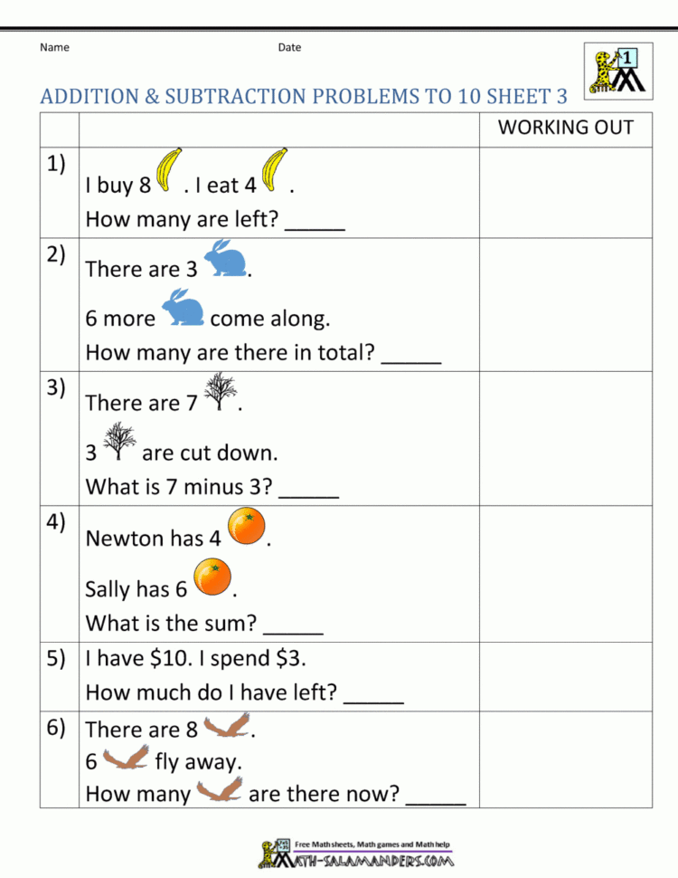 1St Grade Addition And Subtraction Word Problems