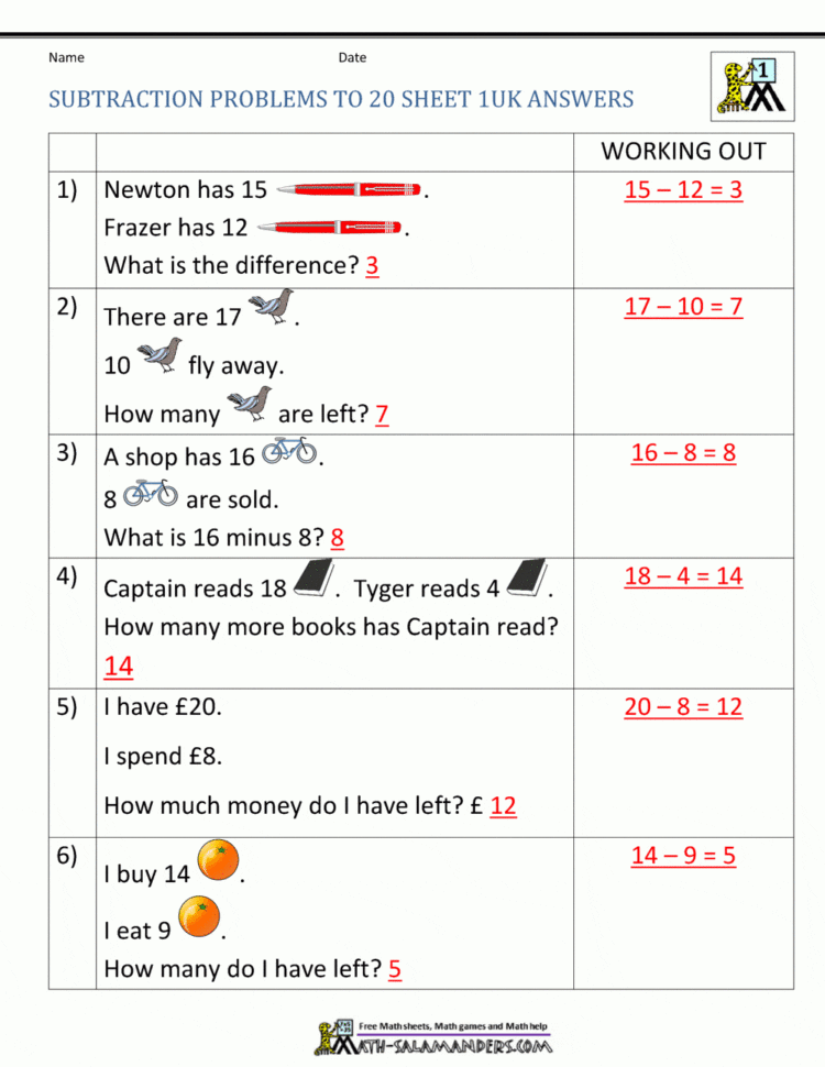 1St Grade Subtraction Word Problems