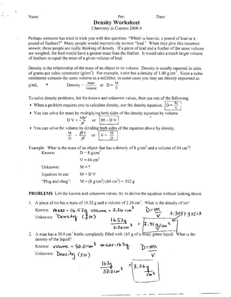 Density Worksheet Answers Chemistry —