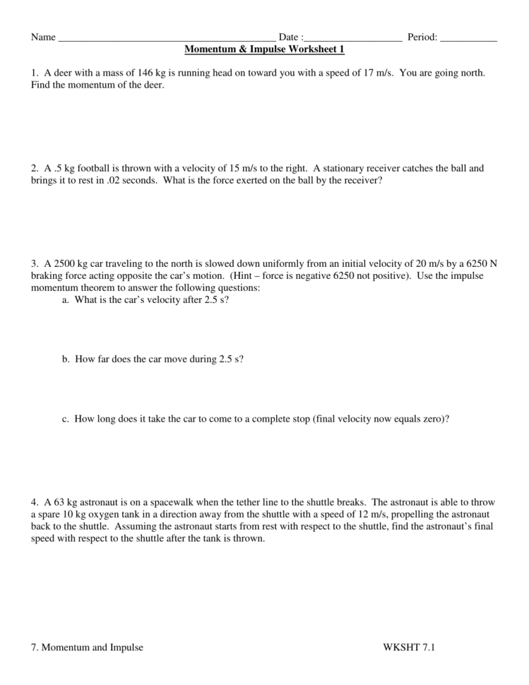 2 Momentum And Impulse Worksheet 1