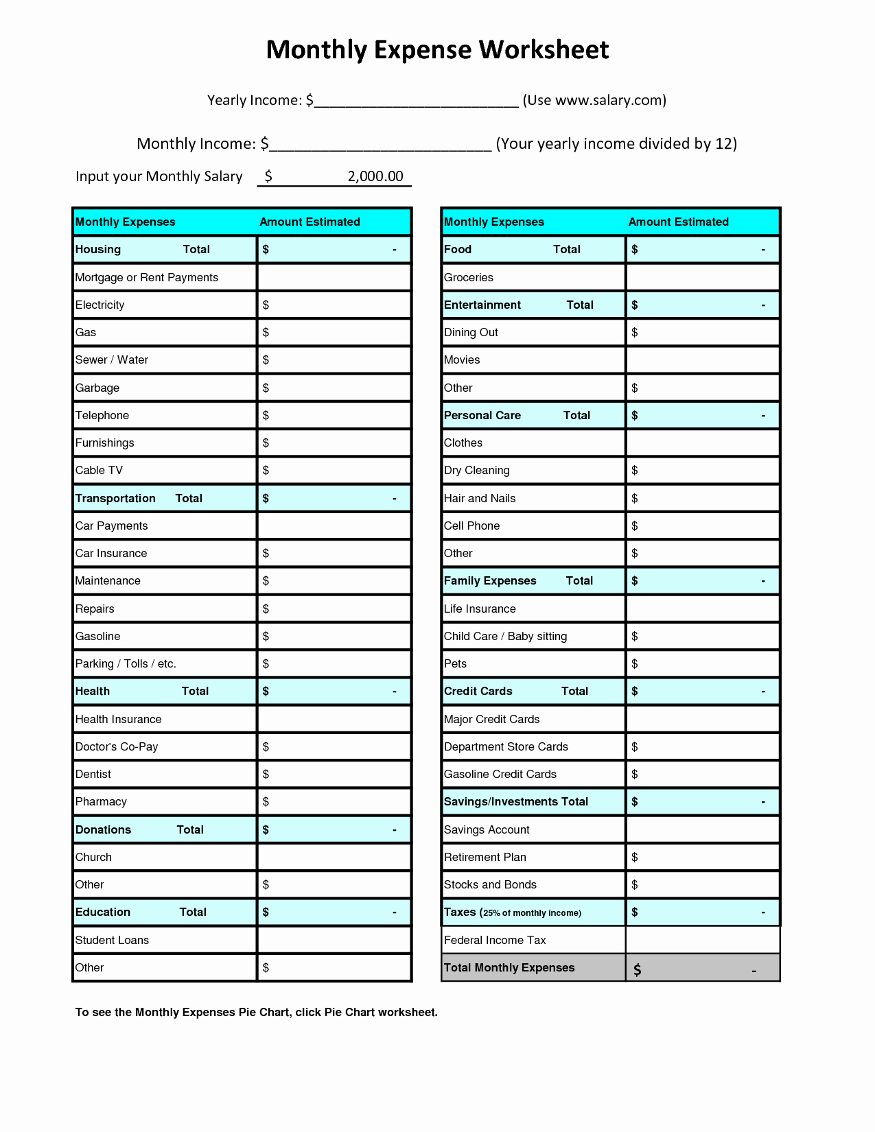 excel spreadsheet of monthly expenses