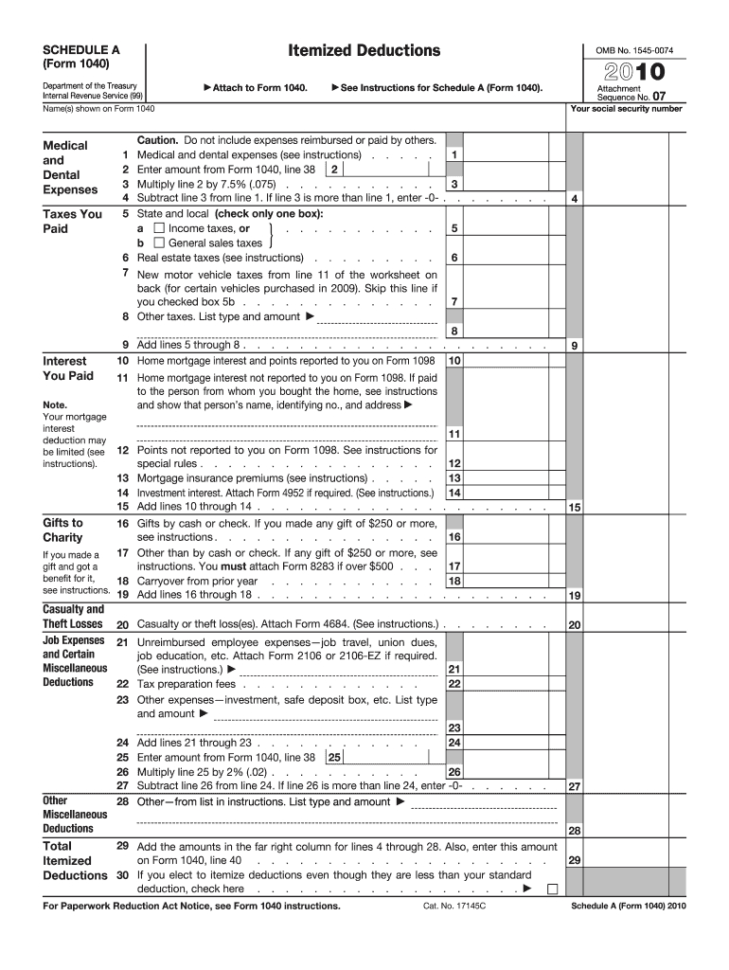 2010 Form  1040  Schedule A Fill Online Printable
