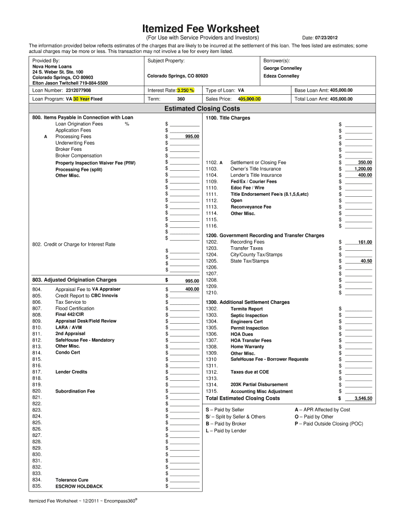 20112019 Form Encompass360 Itemized Fee Worksheet Fill