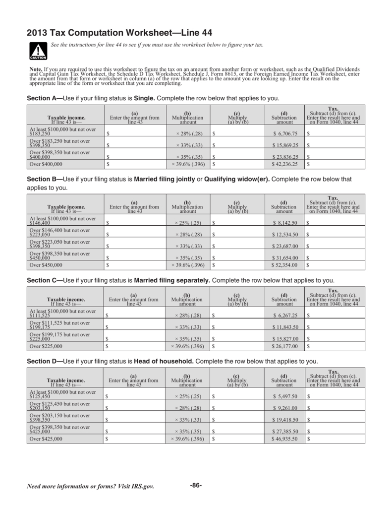 2013 Tax Computation Worksheet—Line 44