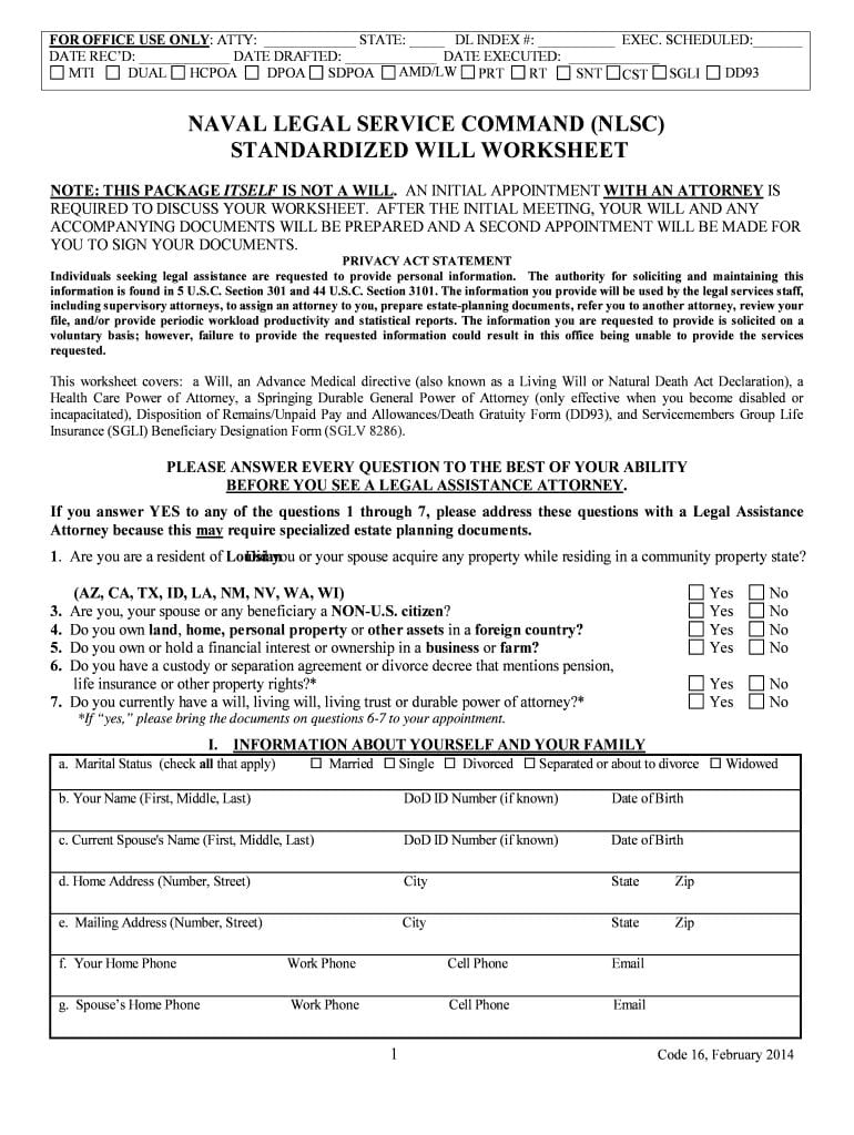 20142019 Form Nlsc Standardized Will Worksheet Fill Online