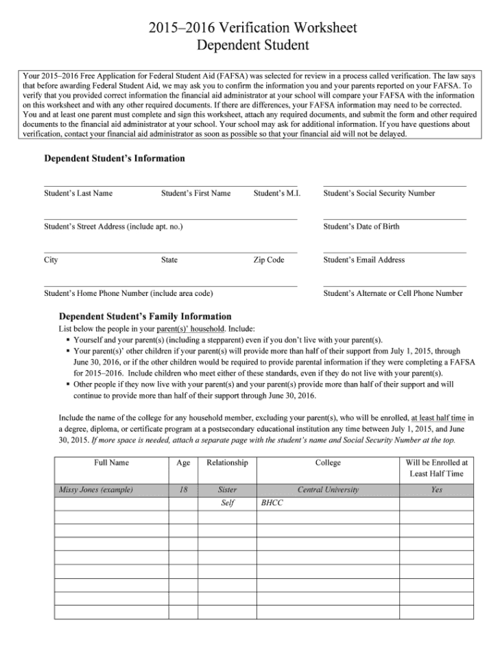 20152019 Form Fafsa Verification Worksheet Dependent Student Fill