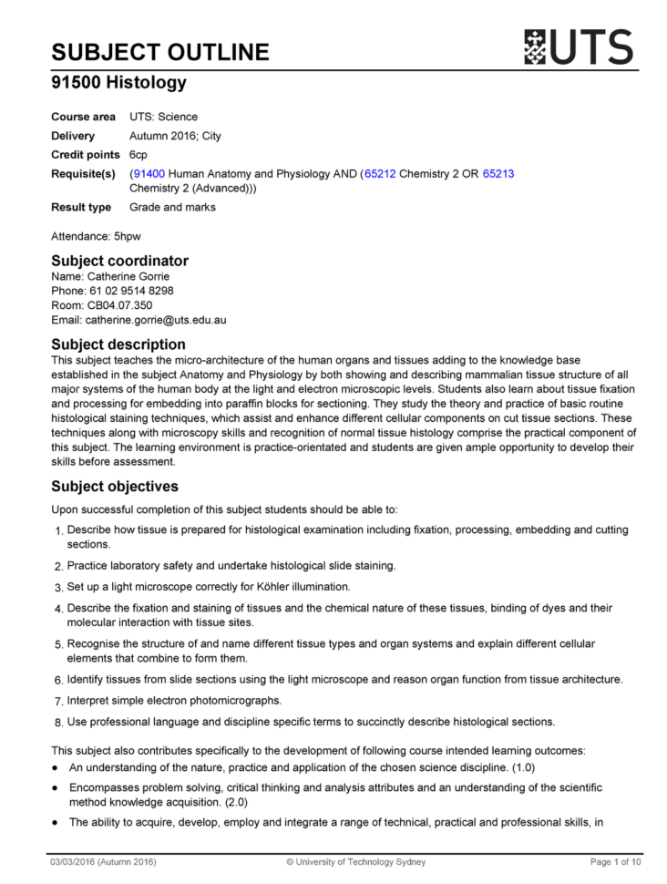 2016 91500 Histology Subject Outline  091500  Histology