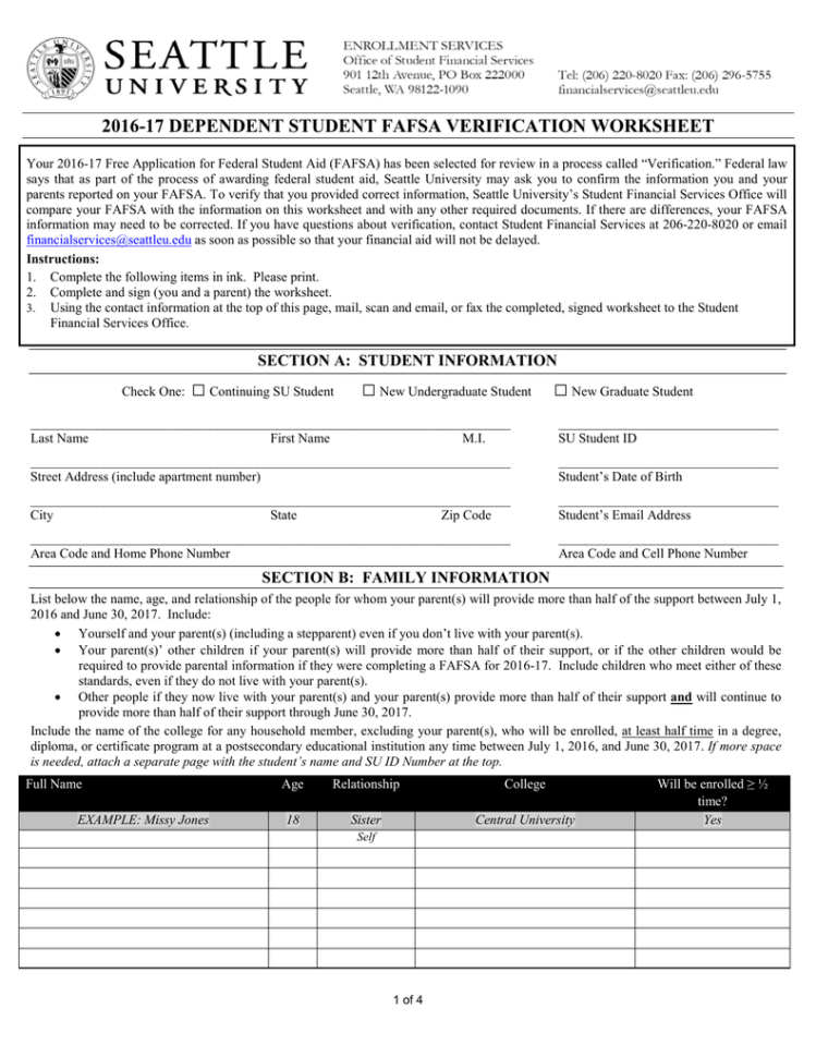 201617 Dependent Student Fafsa Verification Worksheet  Manualzz